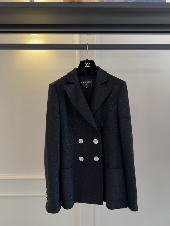 CHANEL Jackets & Blazers - Authentic CHANEL Black Double-Breasted Tweed Blazer with Silver Buttons